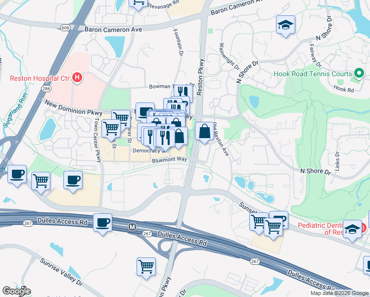 map of restaurants, bars, coffee shops, grocery stores, and more near 1800 Presidents Street in Reston