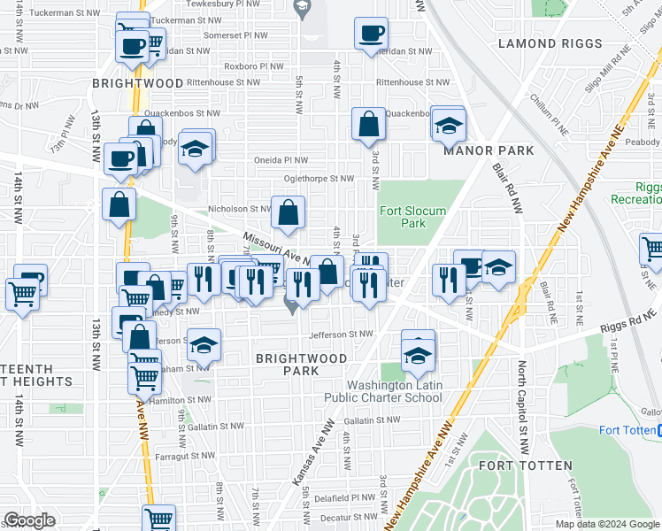 map of restaurants, bars, coffee shops, grocery stores, and more near 403 Missouri Avenue Northwest in Washington