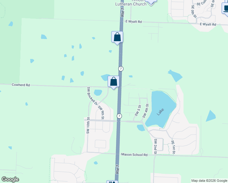 map of restaurants, bars, coffee shops, grocery stores, and more near 26307 Cowherd Road in Blue Springs