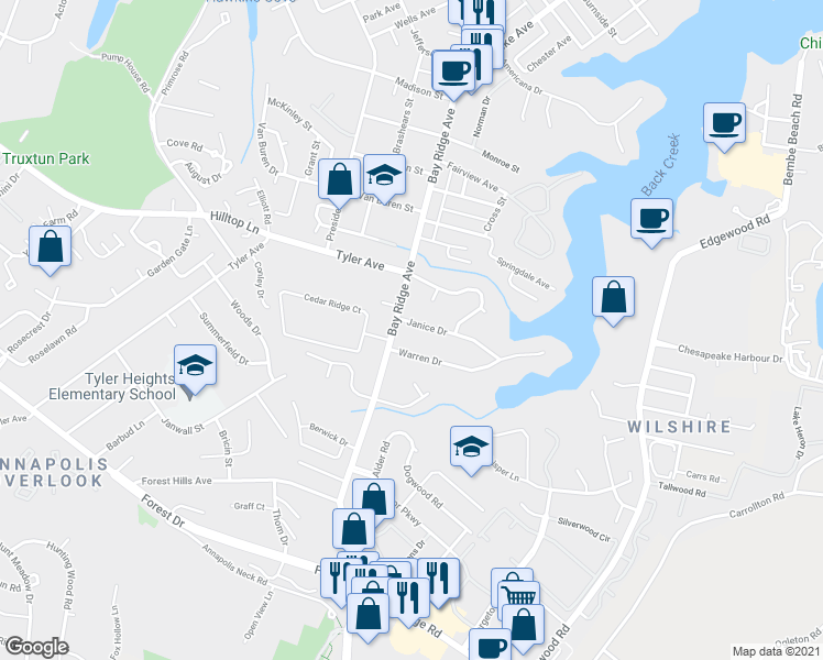 map of restaurants, bars, coffee shops, grocery stores, and more near 829 Janice Drive in Annapolis