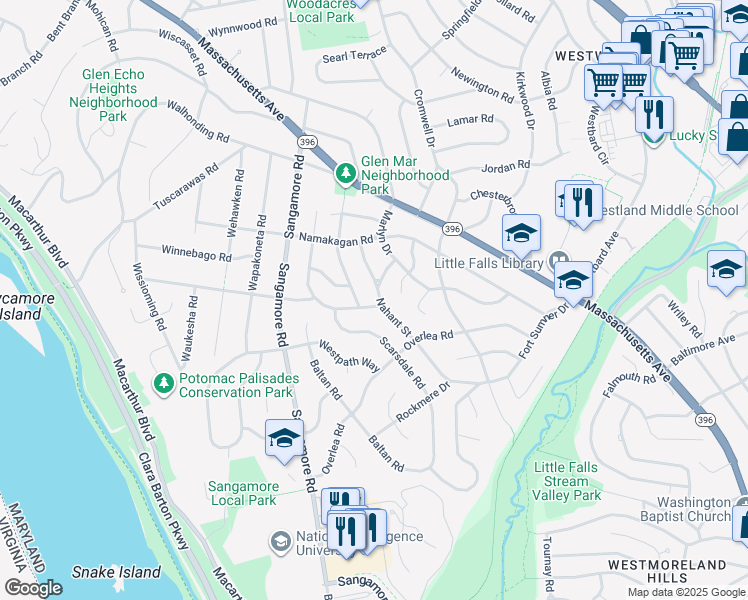 map of restaurants, bars, coffee shops, grocery stores, and more near 5815 Madawaska Road in Bethesda