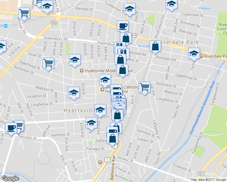 map of restaurants, bars, coffee shops, grocery stores, and more near 5729 44th Avenue in Hyattsville