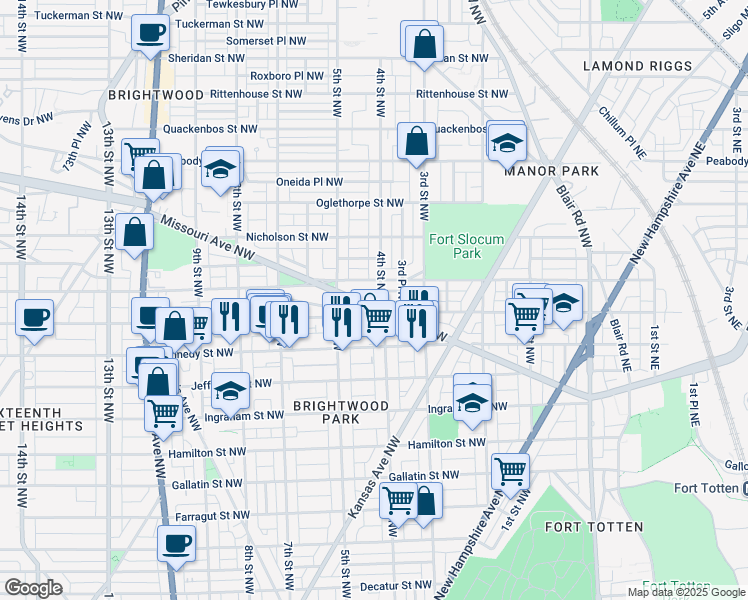 map of restaurants, bars, coffee shops, grocery stores, and more near 403 Missouri Avenue Northwest in Washington