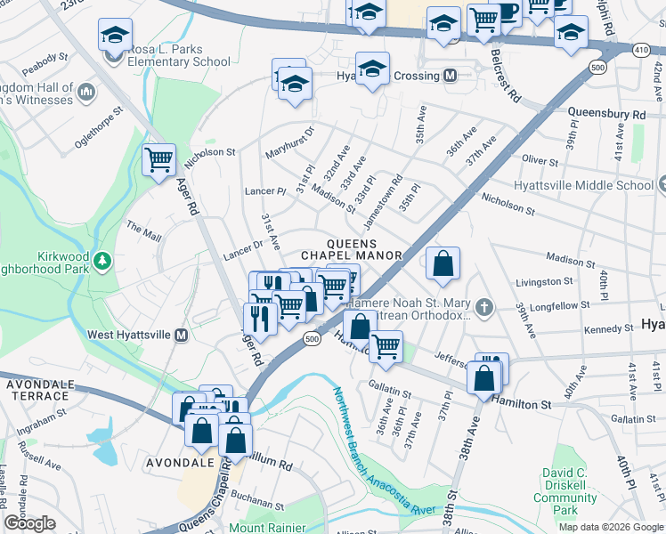 map of restaurants, bars, coffee shops, grocery stores, and more near 3207 Kimberly Rd in Hyattsville