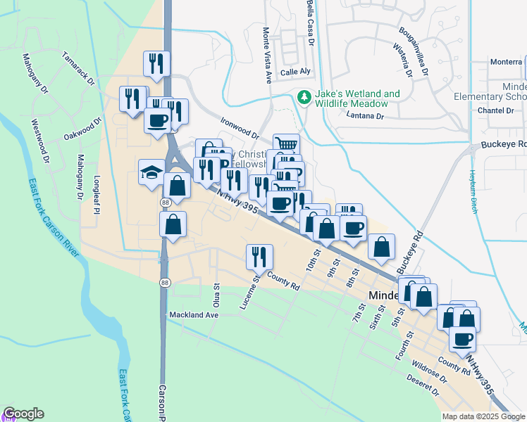 map of restaurants, bars, coffee shops, grocery stores, and more near 1659 U.S. 395 in Minden