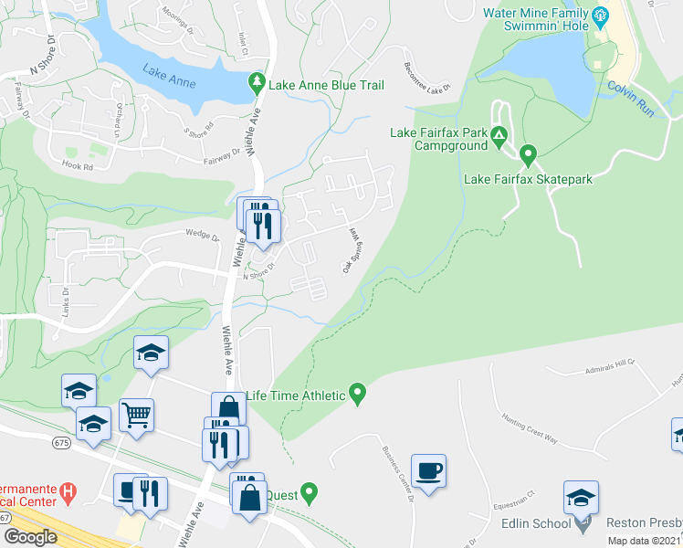 map of restaurants, bars, coffee shops, grocery stores, and more near 1659 Oak Spring Way in Reston