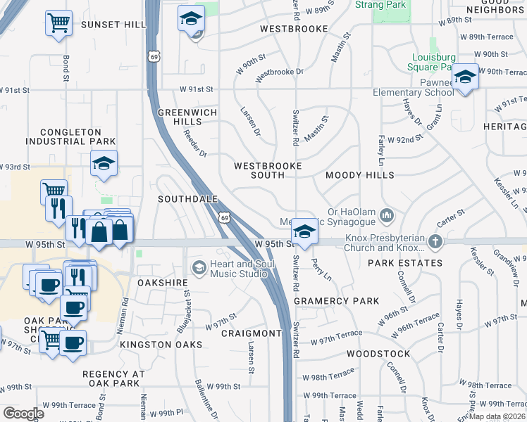 map of restaurants, bars, coffee shops, grocery stores, and more near 9415 Goddard in Overland Park