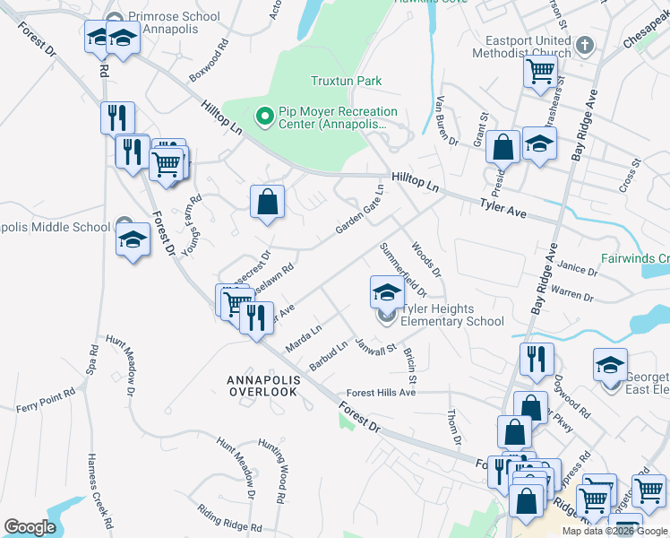 map of restaurants, bars, coffee shops, grocery stores, and more near 1198 Tyler Avenue in Annapolis