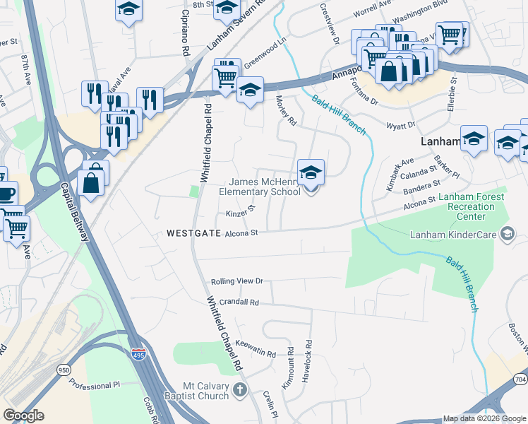 map of restaurants, bars, coffee shops, grocery stores, and more near 5508 Cordona Street in Lanham