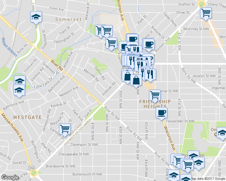 map of restaurants, bars, coffee shops, grocery stores, and more near 5210 Western Avenue Northwest in Chevy Chase