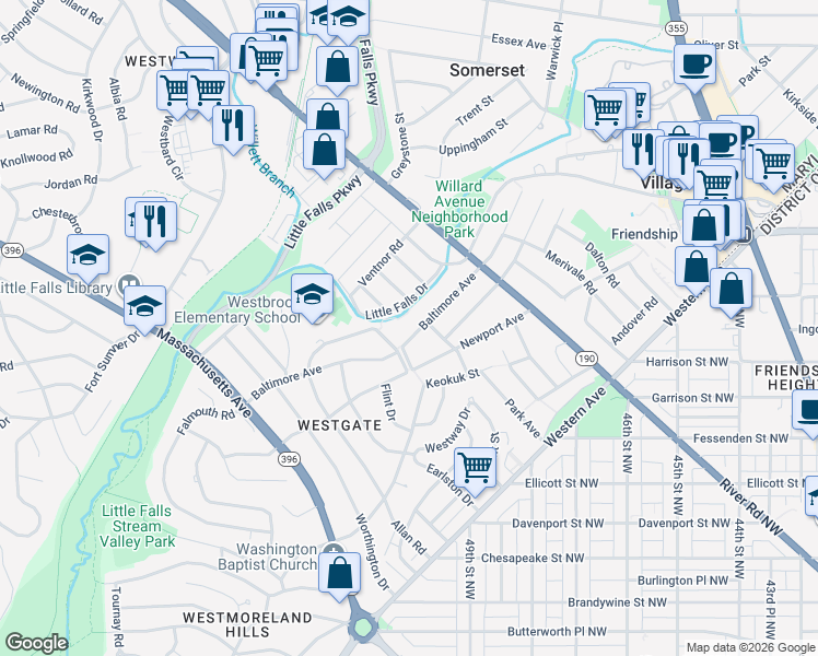 map of restaurants, bars, coffee shops, grocery stores, and more near 5206 Baltimore Avenue in Bethesda
