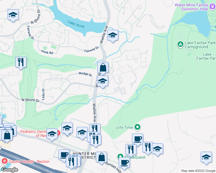 map of restaurants, bars, coffee shops, grocery stores, and more near 12025 North Shore Drive in Reston