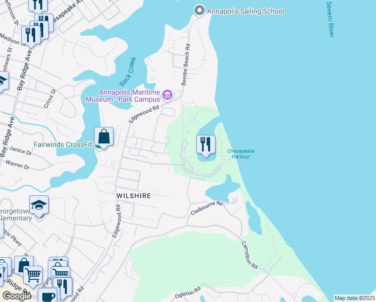 map of restaurants, bars, coffee shops, grocery stores, and more near 7048 Harbour Village Court in Annapolis