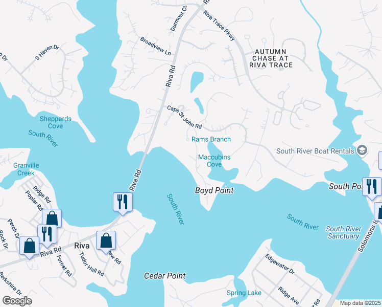 map of restaurants, bars, coffee shops, grocery stores, and more near 2982 Friends Road in Annapolis