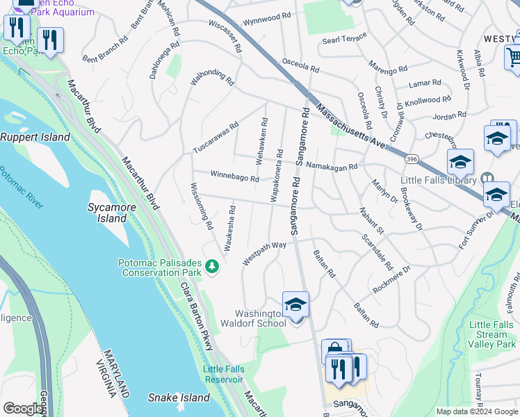 map of restaurants, bars, coffee shops, grocery stores, and more near 6106 Madawaska Road in Bethesda