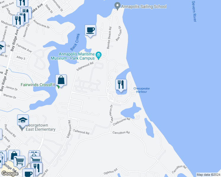 map of restaurants, bars, coffee shops, grocery stores, and more near 7048 Harbour Village Court in Annapolis