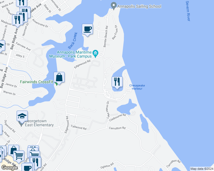 map of restaurants, bars, coffee shops, grocery stores, and more near 7050 Harbour Village Court in Annapolis