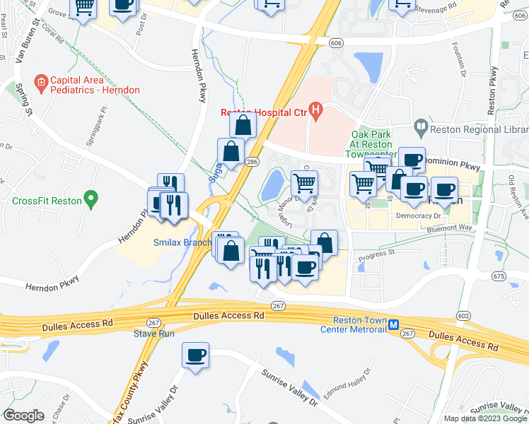 map of restaurants, bars, coffee shops, grocery stores, and more near 12220 Dorrance Court in Reston