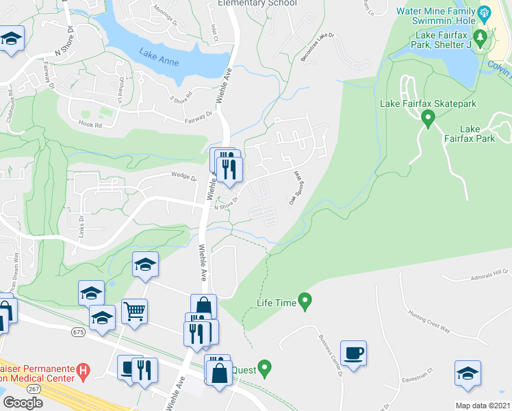 map of restaurants, bars, coffee shops, grocery stores, and more near 1648 Parkcrest Circle in Reston