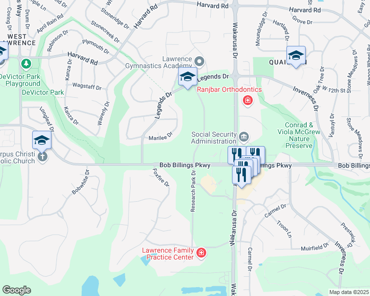 map of restaurants, bars, coffee shops, grocery stores, and more near 1421 Research Park Drive in Lawrence