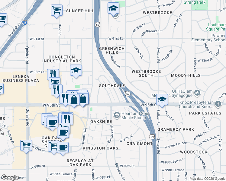 map of restaurants, bars, coffee shops, grocery stores, and more near 9406 Ballentine Street in Overland Park