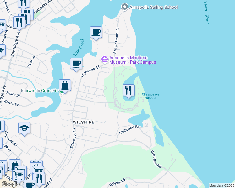 map of restaurants, bars, coffee shops, grocery stores, and more near 7052 Harbour Village Court in Annapolis