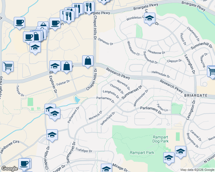 map of restaurants, bars, coffee shops, grocery stores, and more near 2313 Thornhill Drive in Colorado Springs