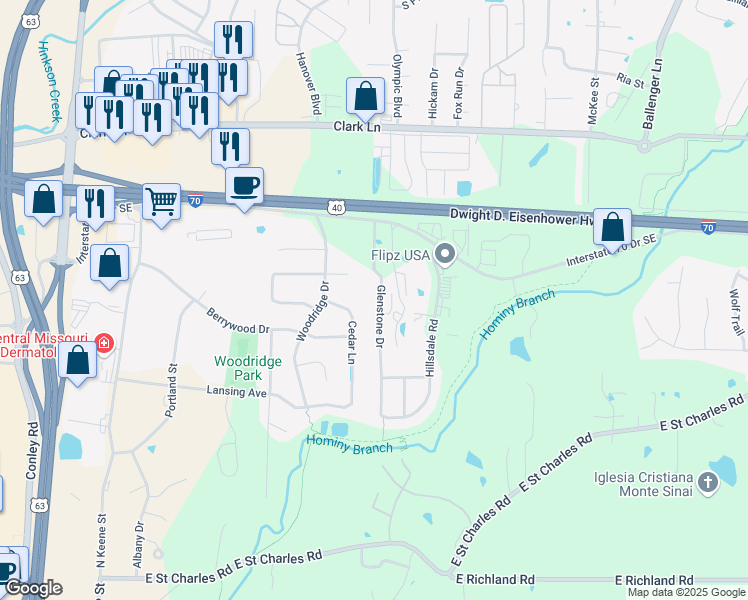 map of restaurants, bars, coffee shops, grocery stores, and more near 704 Glenstone Drive in Columbia