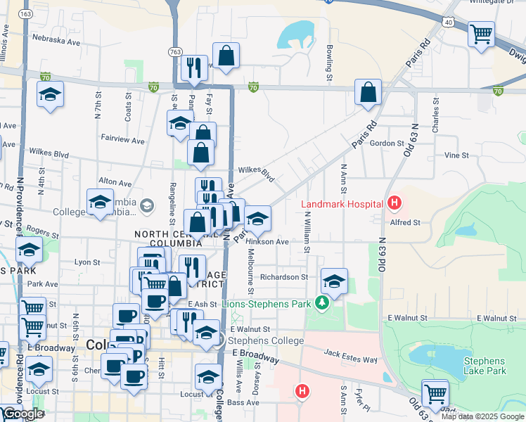 map of restaurants, bars, coffee shops, grocery stores, and more near 1408 Paris Road in Columbia