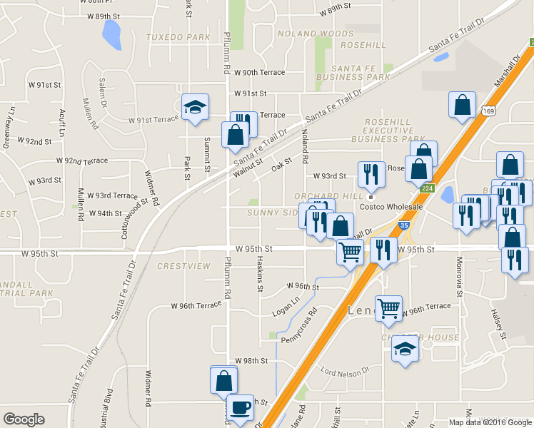 map of restaurants, bars, coffee shops, grocery stores, and more near 9409 Haskins Street in Lenexa