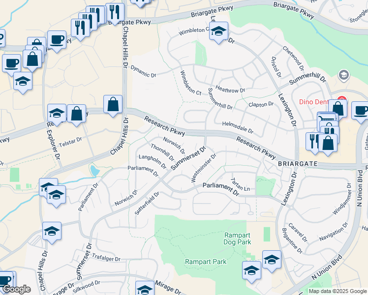 map of restaurants, bars, coffee shops, grocery stores, and more near 8715 Hillsport Way in Colorado Springs