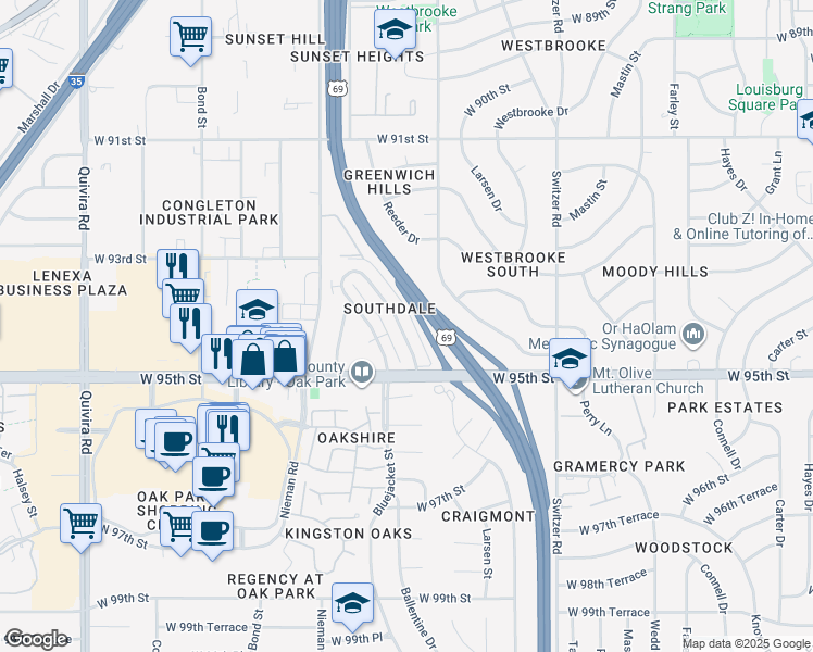 map of restaurants, bars, coffee shops, grocery stores, and more near 9406 Ballentine Street in Overland Park