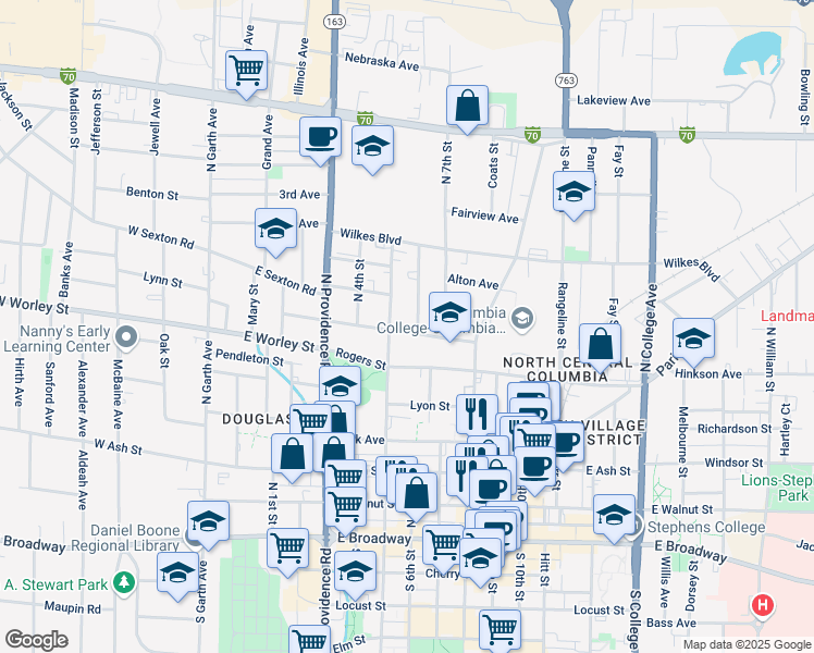 map of restaurants, bars, coffee shops, grocery stores, and more near 511 Hickman Avenue in Columbia