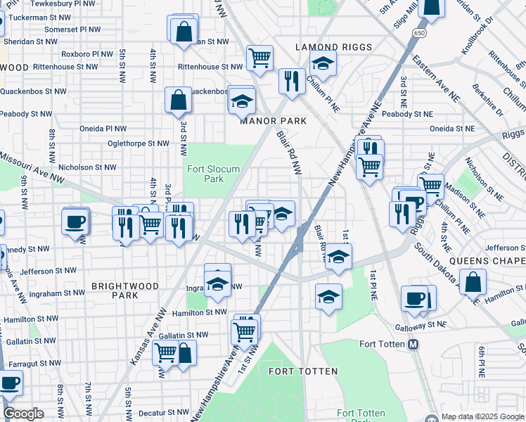 map of restaurants, bars, coffee shops, grocery stores, and more near 5615 1st Street Northwest in Washington