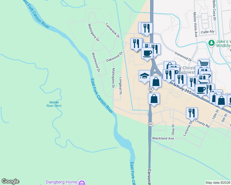map of restaurants, bars, coffee shops, grocery stores, and more near 872 Mahogany Dr in Minden