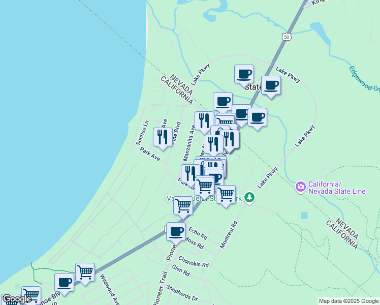 map of restaurants, bars, coffee shops, grocery stores, and more near 4078 Manzanita Avenue in South Lake Tahoe