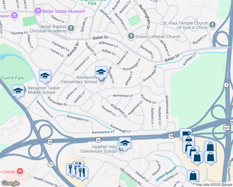 map of restaurants, bars, coffee shops, grocery stores, and more near 12610 Kernwood Lane in Bowie