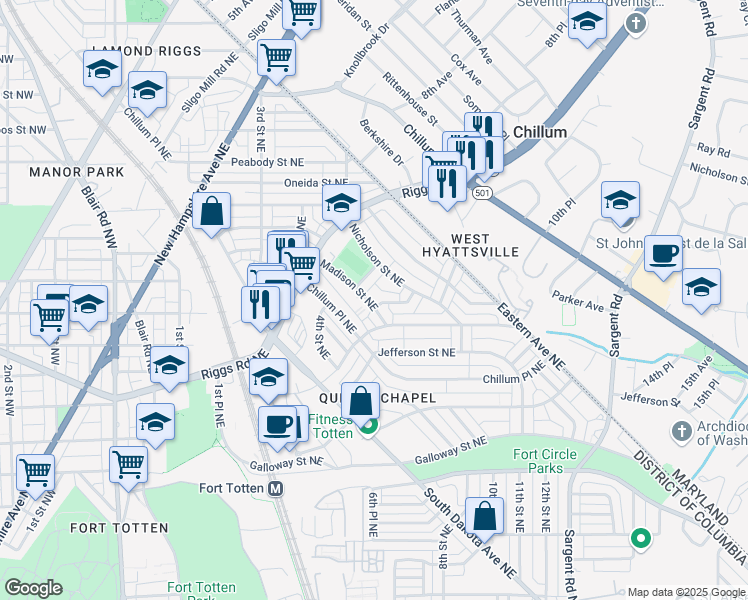map of restaurants, bars, coffee shops, grocery stores, and more near 624 Madison Street Northeast in Washington