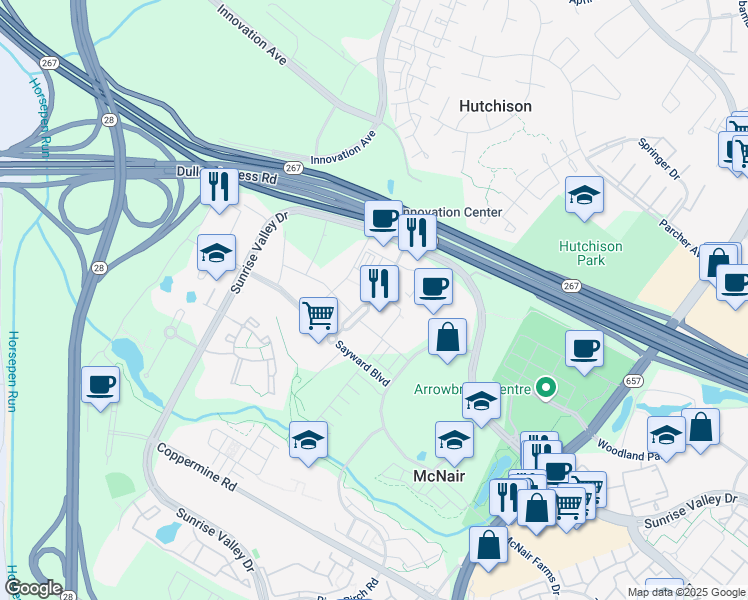 map of restaurants, bars, coffee shops, grocery stores, and more near 2318 Dulles Station Boulevard in Herndon