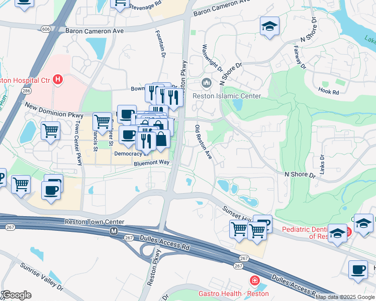 map of restaurants, bars, coffee shops, grocery stores, and more near 11775 Stratford House Place in Reston
