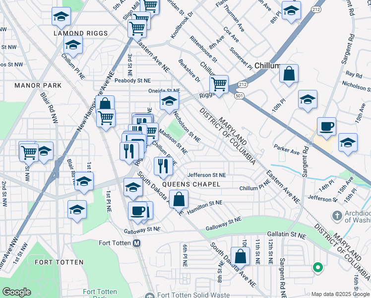 map of restaurants, bars, coffee shops, grocery stores, and more near 624 Madison Street Northeast in Washington