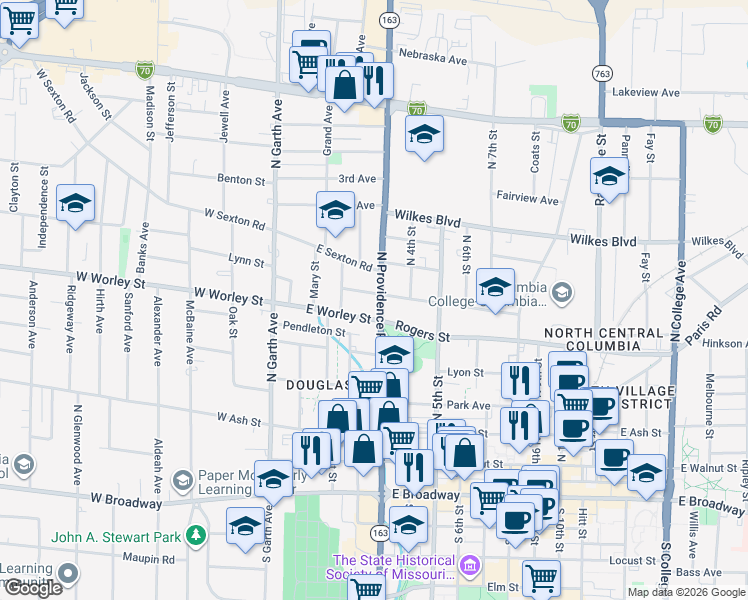 map of restaurants, bars, coffee shops, grocery stores, and more near 300 Hickman Avenue in Columbia