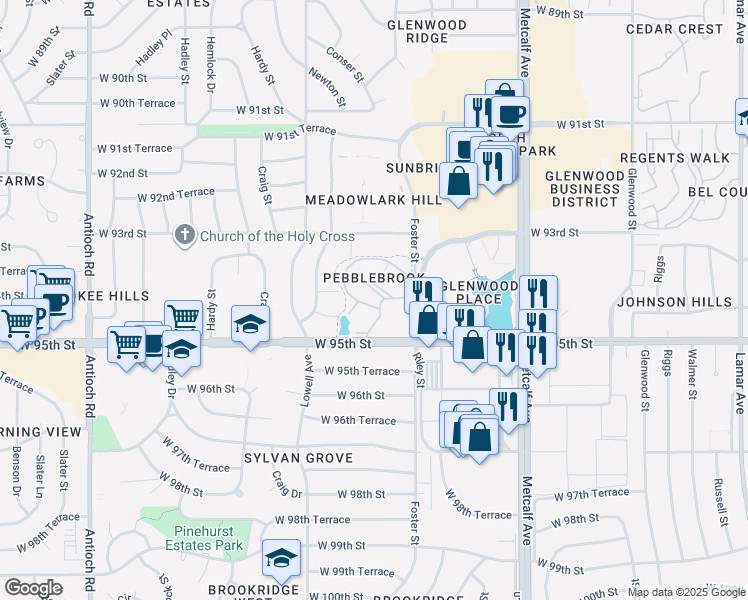 map of restaurants, bars, coffee shops, grocery stores, and more near 7664 West 95th Street in Overland Park