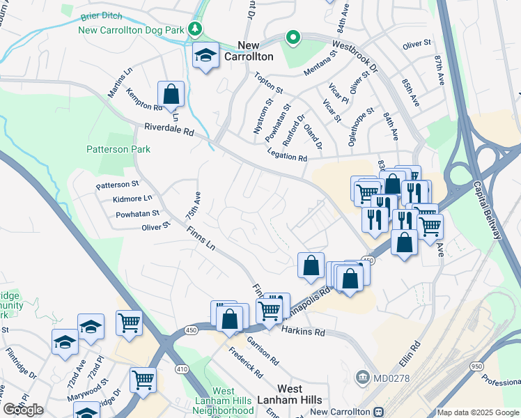 map of restaurants, bars, coffee shops, grocery stores, and more near 7601 Fountainebleau Drive in New Carrollton