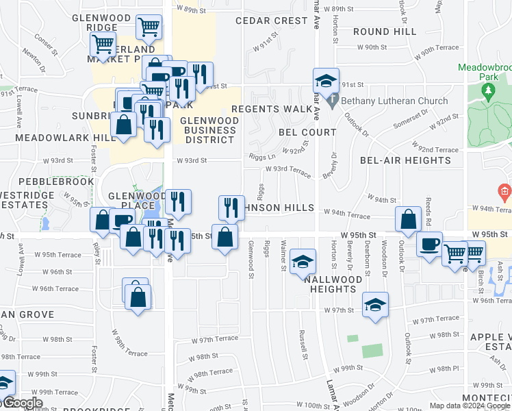 map of restaurants, bars, coffee shops, grocery stores, and more near 9434 Riggs in Overland Park