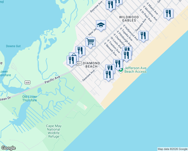 map of restaurants, bars, coffee shops, grocery stores, and more near 512 Turtle Gut Circle in Wildwood Crest