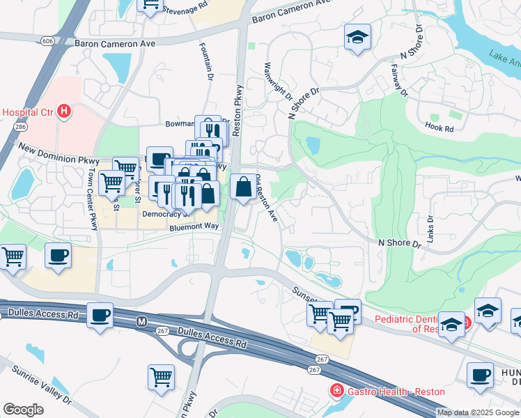 map of restaurants, bars, coffee shops, grocery stores, and more near 1851 Stratford Park Place in Reston