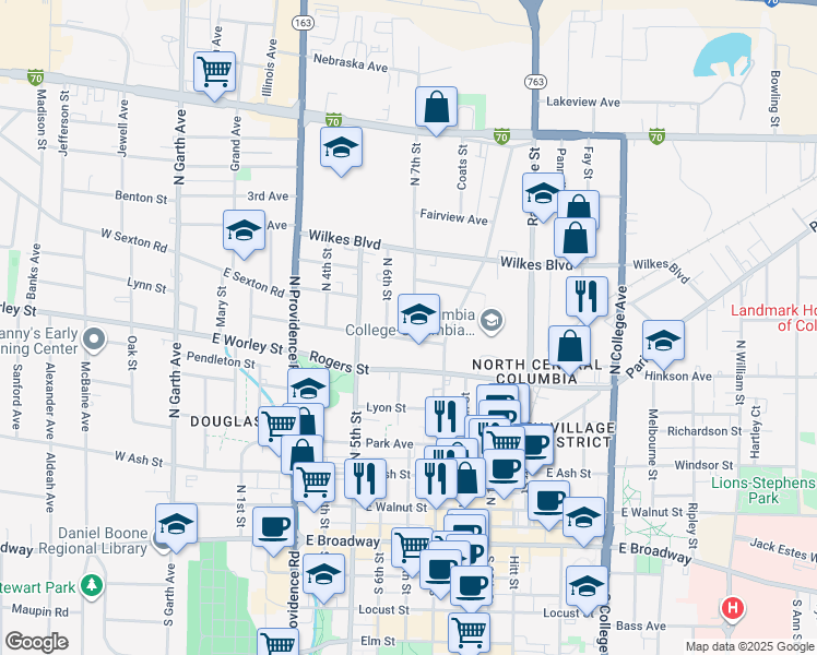 map of restaurants, bars, coffee shops, grocery stores, and more near 603 North 7th Street in Columbia