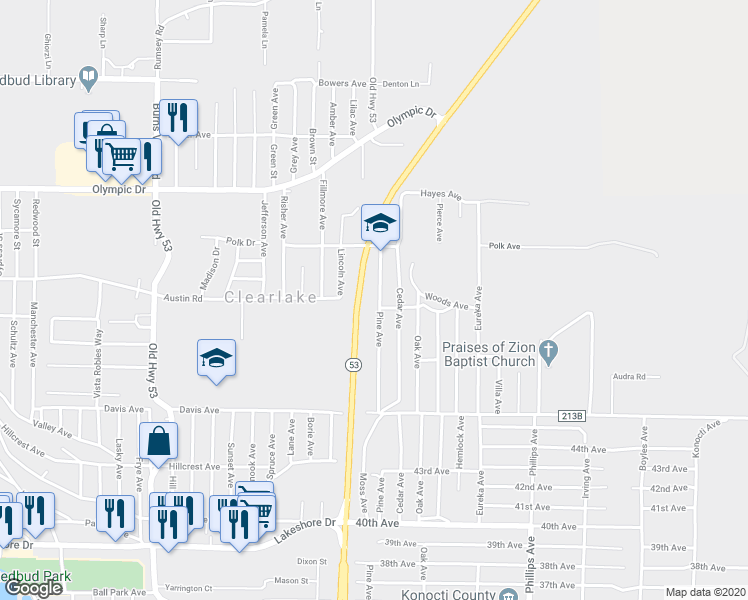 map of restaurants, bars, coffee shops, grocery stores, and more near 3767 Pine Avenue in Clearlake