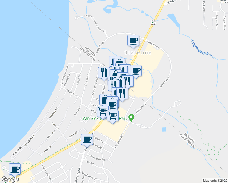map of restaurants, bars, coffee shops, grocery stores, and more near 4125 Lake Tahoe Boulevard in South Lake Tahoe